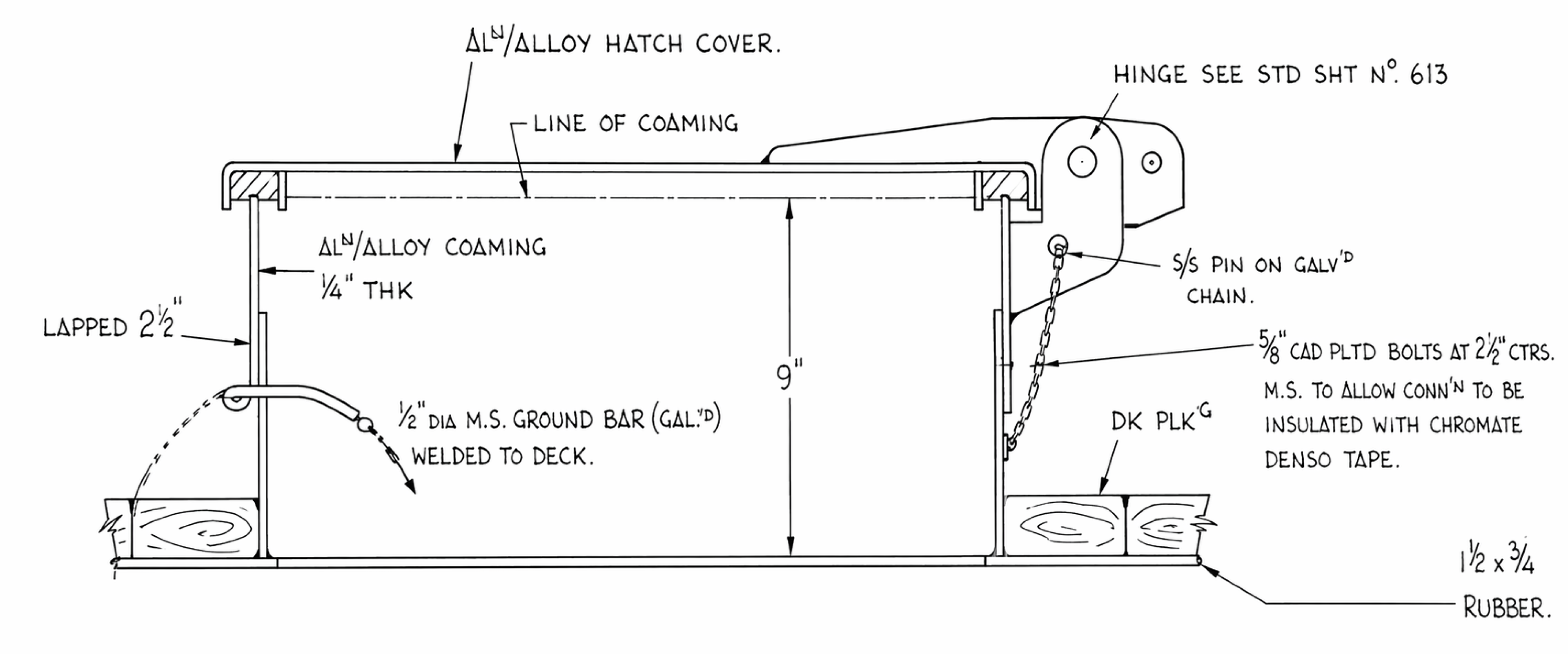 Technical drawing of an aluminium alloy hatch and coaming detail showing hatch cover, 9-inch coaming height, hinge assembly with stainless pin on galvanised chain, 1/2-inch galvanised mild steel ground bar welded to deck, 5/8-inch cadmium-plated bolts at 2-1/2-inch centres insulated with chromate Denso tape, deck planking and rubber seal