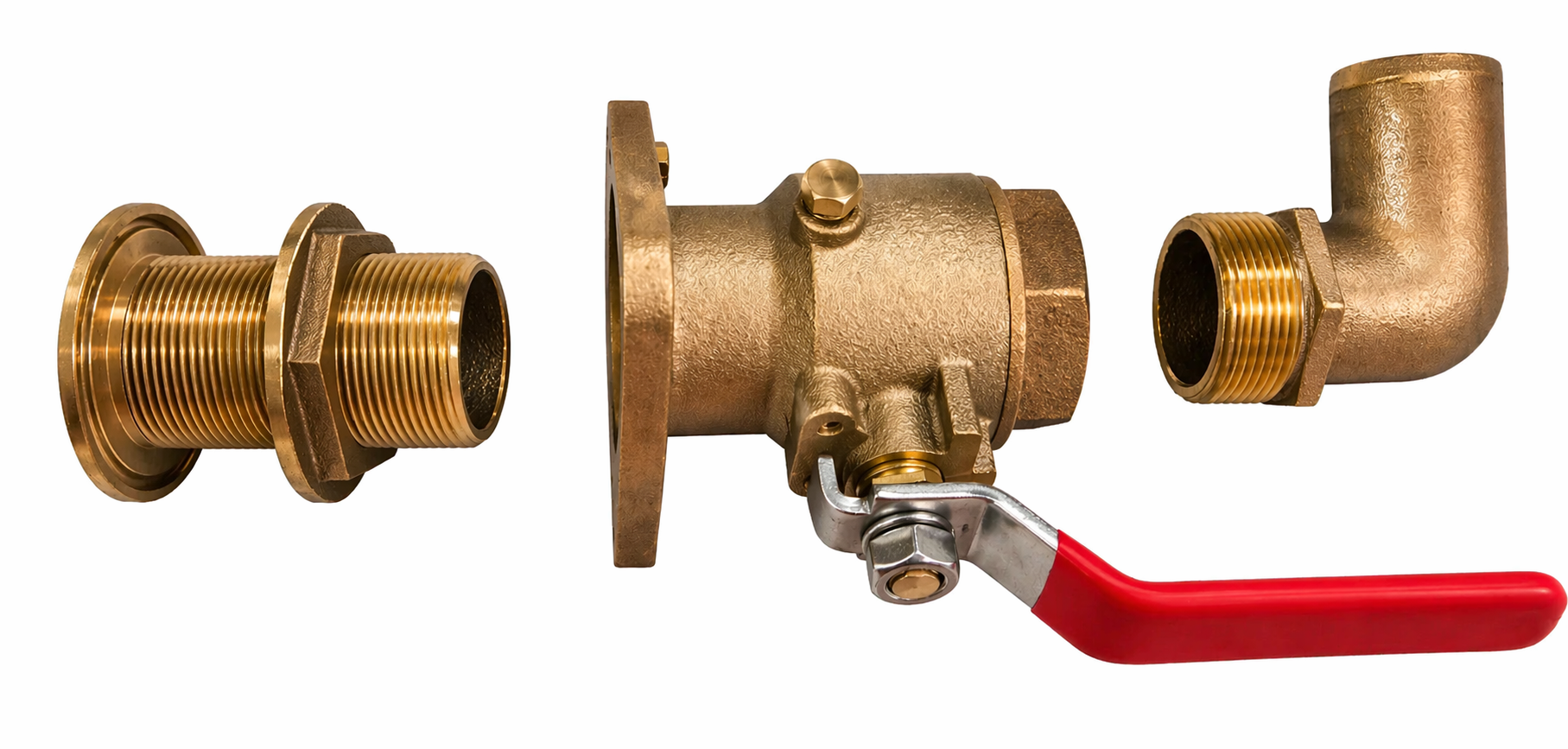 Three bronze through-hull components laid out side by side: a flanged skin fitting with backing nut, a flanged seacock with red lever handle, and a bronze 90-degree tail pipe adaptor