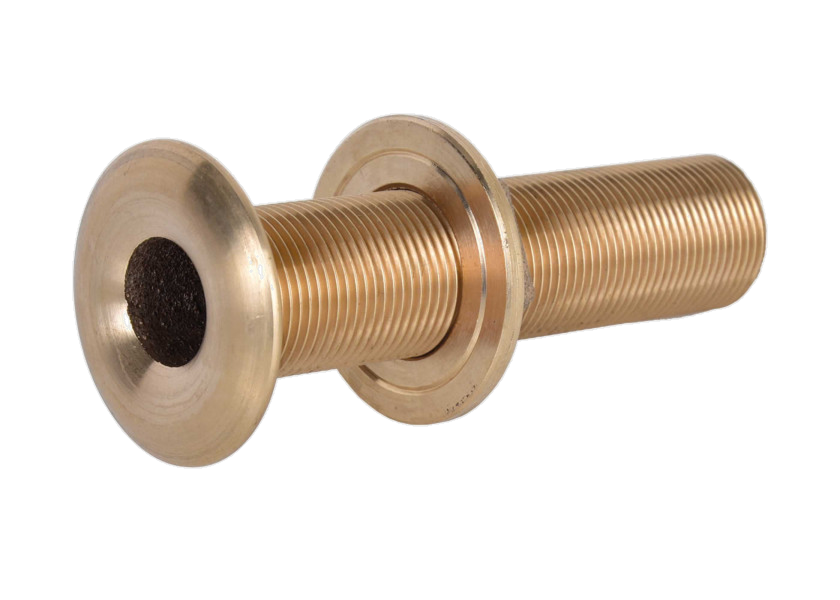 Bronze through-hull skin fitting showing flanged spigot with threaded male end
